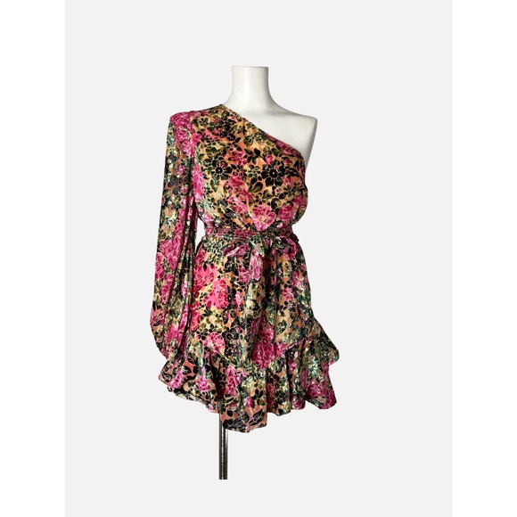 HEMANT & NANDITA Vibrant Floral One-Shoulder Mini Dress